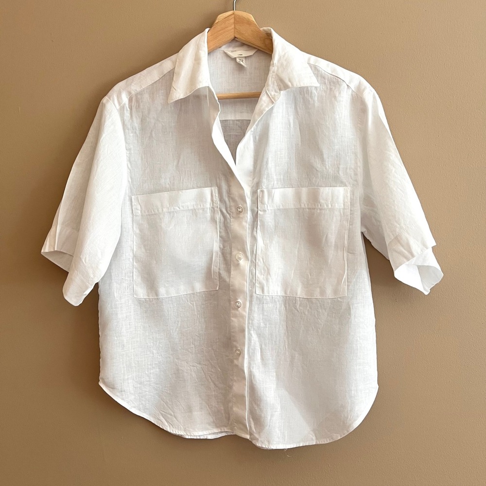 HM Womens White 100% Linen Short Sleeve Button Up Capsule Classic Shirt XS
